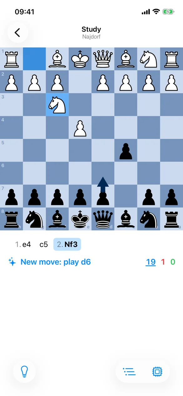 ORBT Chess on iPhone: studying the Najdorf, asked to play d6